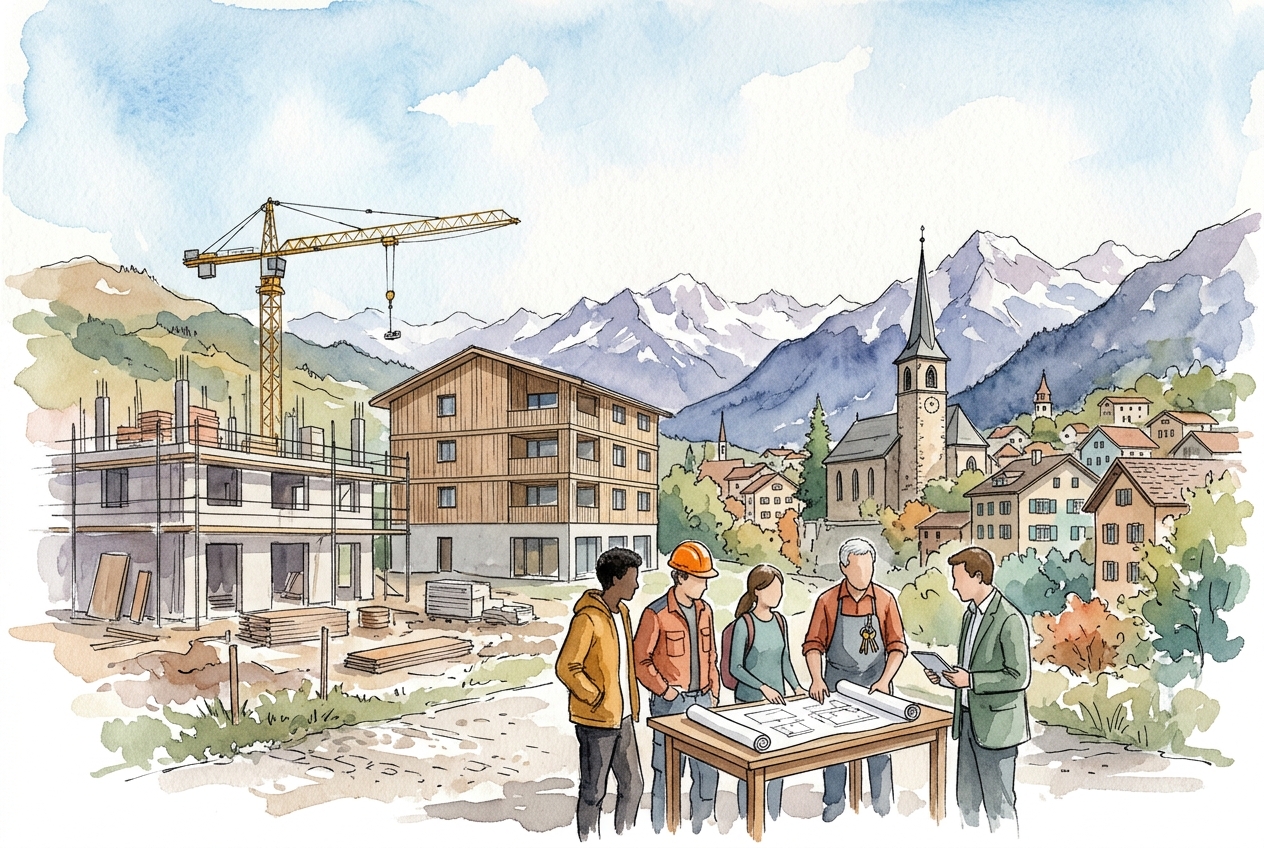 Aquarelle : un chantier, un village suisse et des gens de tous horizons autour d'un plan